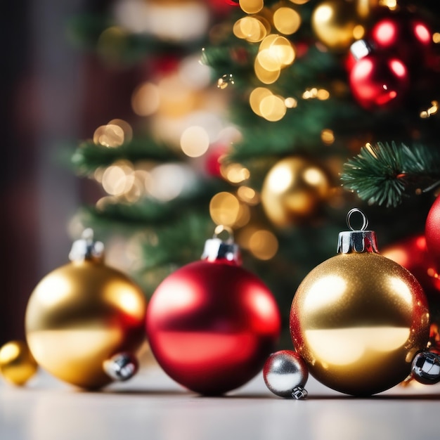Defocused 조명 배경에 대한 크리스마스 트리 빨간색과 황금 장식품의 근접 촬영