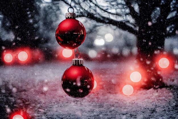 Closeup on a christmas tree with lights and red balls with a snowing landscape in the background portrait texture banner pine tree with decorations red balls star with bokeh light