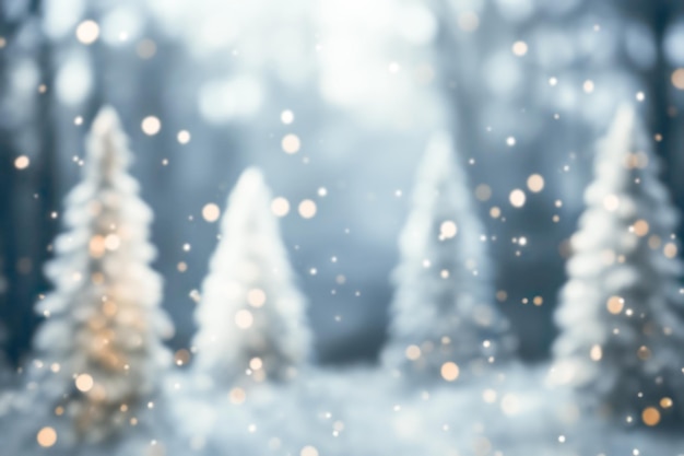 CloseUp of Christmas Trees in Snowy Field with Bokeh