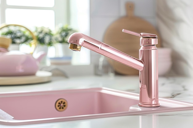 closeup of a chrome pink kitchen faucet in a modern kitchen