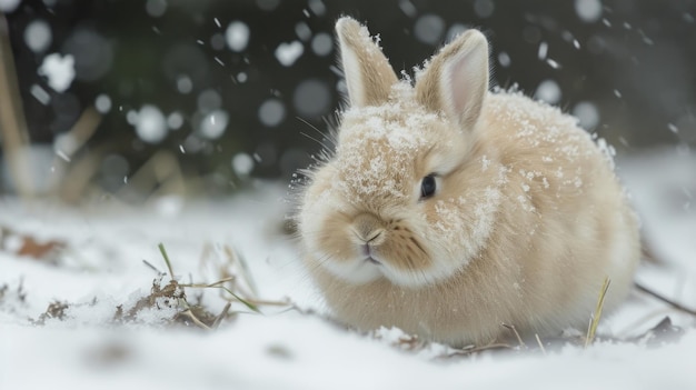 Photo closeup of a chubby bunny its fluffy coat resembling freshly fallen snow as it hops through the