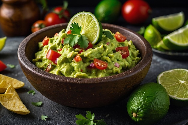 CloseUp of Chunky Guacamole Dip with Lime Wedge