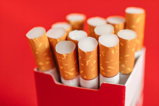 Closeup cigarettes in box on red background