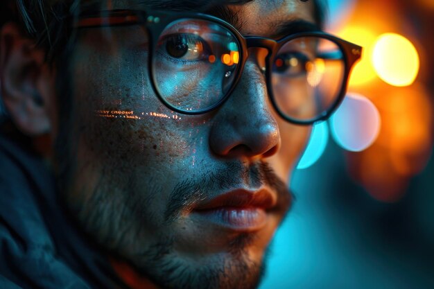 Кинематографический портрет человека крупным планом с отражением компьютерного кода в очках