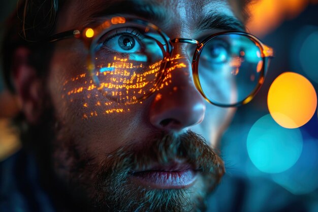 Photo closeup cinematic portrait of a man with a reflection of computer code in his glasses