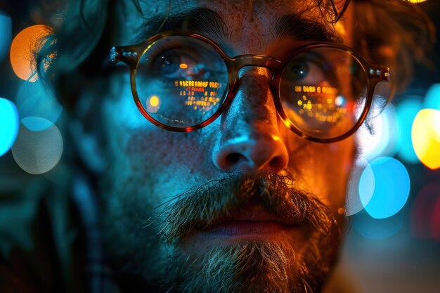 Closeup cinematic portrait of a man with a reflection of computer code in his glasses