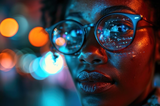 Closeup cinematic portrait of a woman with a reflection of a computer code in her glasses