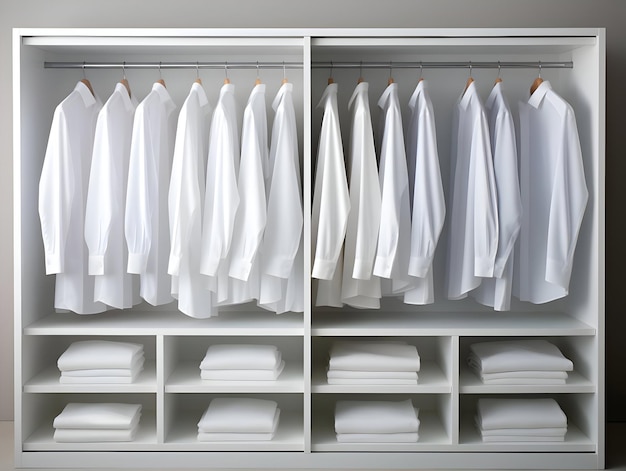 Кинематографический снимок открытого белого минималистичного гардероба крупным планом. Высокое качество.