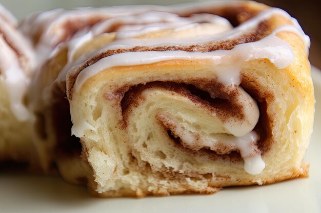 Foto primo piano del rotolo di cannella con strati di pasta morbida e soffice e ripieno di cannella dolce visibile