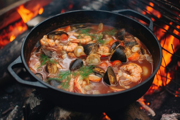 Closeup of cioppino bubbling in a pot on campfire created with generative ai