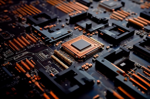 A closeup of a circuit board reveals the minuscule computer chip at its core Generative AI