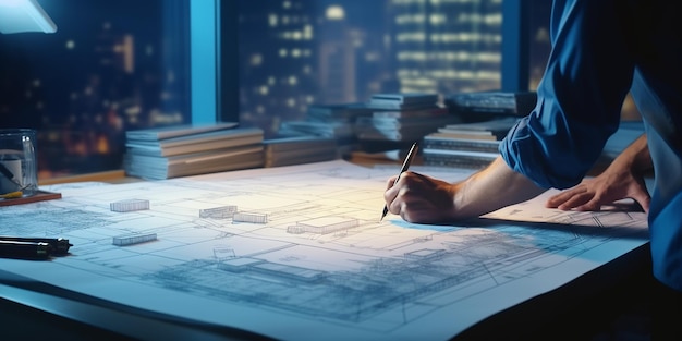 Photo closeup of a civil engineer in the process of working on a construction blueprint on a table