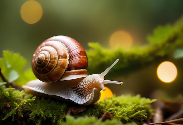 closeup of a clam walking in a lush forest