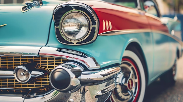 A closeup of a classic 1950s car with a blue and red paint job The car is in pristine condition and is a popular choice for car collectors