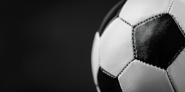 Closeup of a classic black and white soccer ball against a dark background