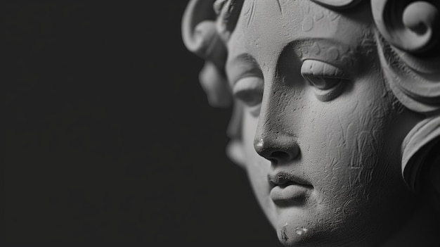 Closeup of a classical sculptures face in monochrome
