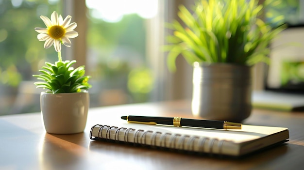 Closeup of a clean diary a pen next to it and a small pot with a green flower on the table