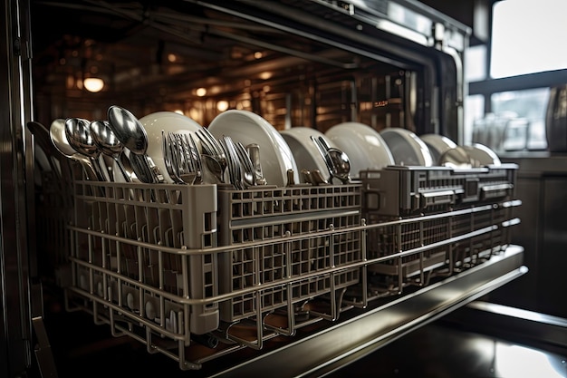 Photo closeup of clean and shiny industrial dishwasher ready for the next shift created with generative ai