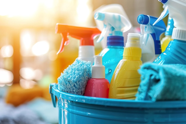 Photo closeup of cleaning products in a blue bucket