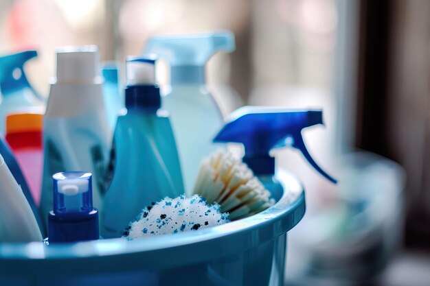 Photo closeup of cleaning products in a blue bucket