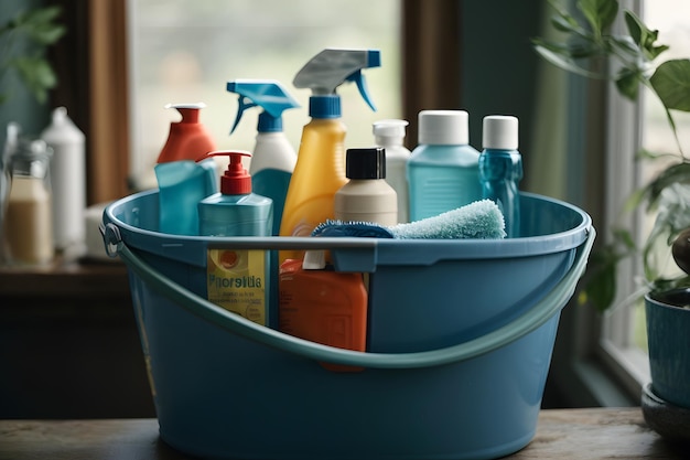 Closeup of Cleaning Products in a Blue Bucket