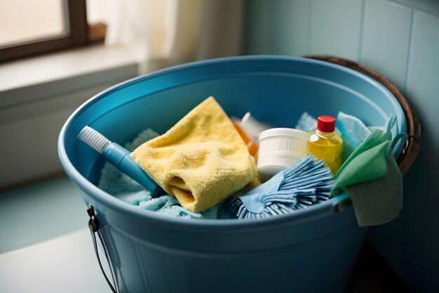 Photo closeup of cleaning products in a blue bucket