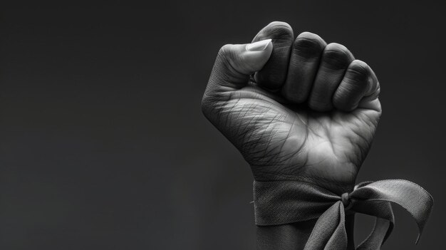 Photo closeup of a clenched fist with a ribbon tied around it a symbol of the ongoing struggle for justice