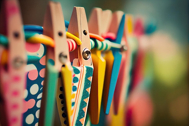 Closeup of clothespins on a line with vibrant colors and patterns