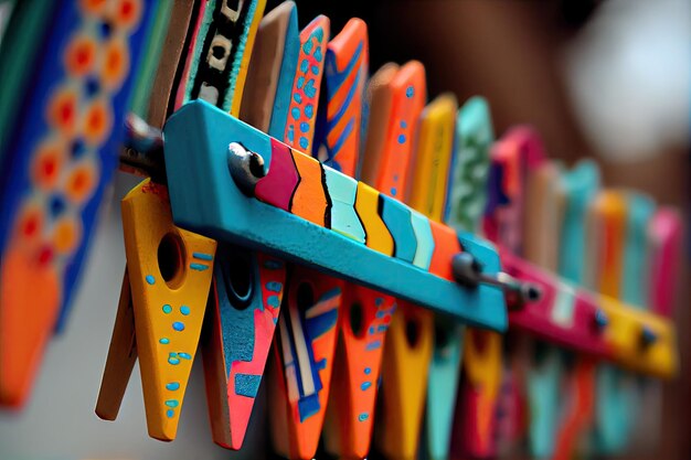 Closeup of clothespins on a line with vibrant colors and patterns