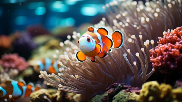 Closeup of a clownfish among anemones in a reef vivid colors focus on the symbiotic relationship