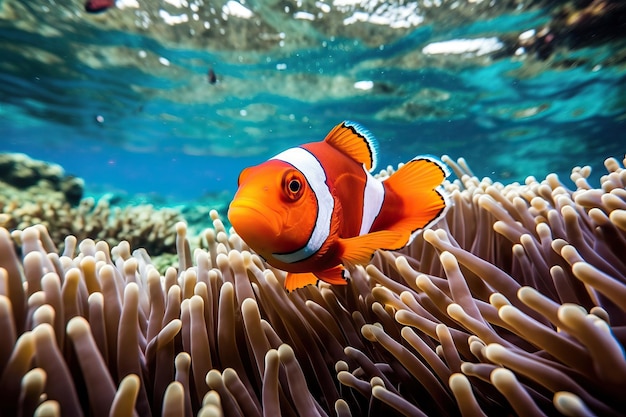 Closeup of clownfish swimming in clear water created using generative ai tools