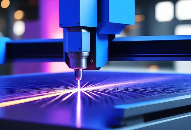 Closeup of a CNC laser cutting machine with blueviolet laser beam engraving or cutting a material