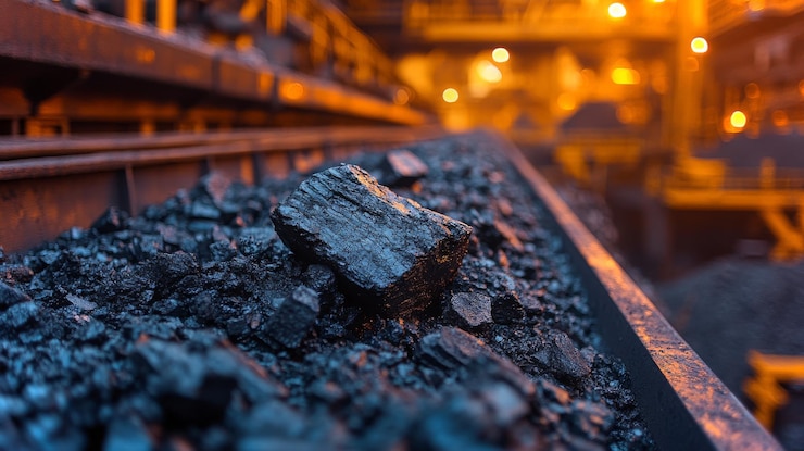 Photo closeup of coal chunks on conveyor belt in industrial setting illuminated by warm lights