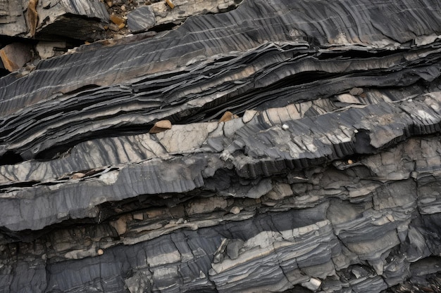 Closeup of coal seam with its intricate and varied layers visible created with generative ai