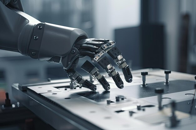 Closeup of cobot's delicate fingers performing delicate task in factory created with generative ai