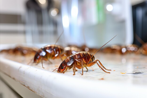 Closeup of a cockroach navigating a white kitchen countertop