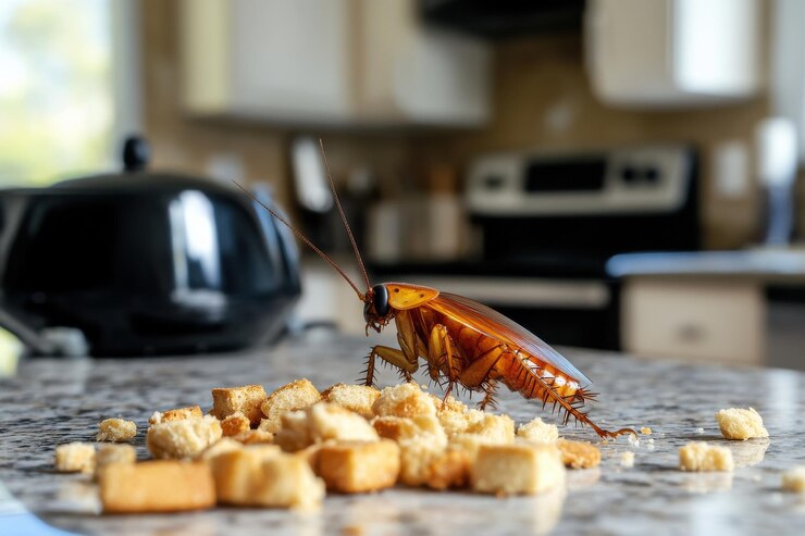 CloseUp of a Cockroach Near Breadcrumbs on a Kitchen Counter Highlighting the Contrast of the Insect Against Blurred Kitchen Appliances in Soft Lighting