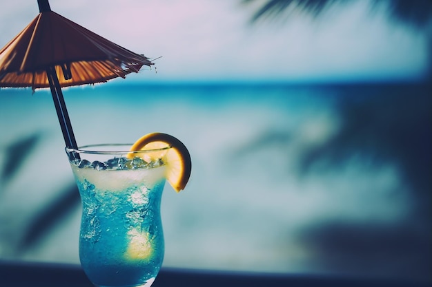 Foto primo piano di cocktail sulla spiaggia sfondo blu oceano illustrazione ai generativa