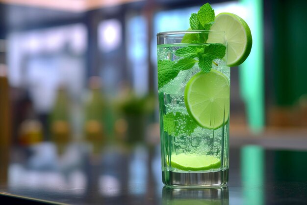 Closeup of a cocktail glass elegantly positioned on a polished bar counter