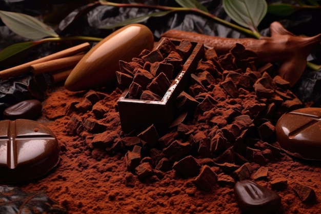 Foto close-up di chicchi di cacao e schegge di cioccolato creati con ai generativa