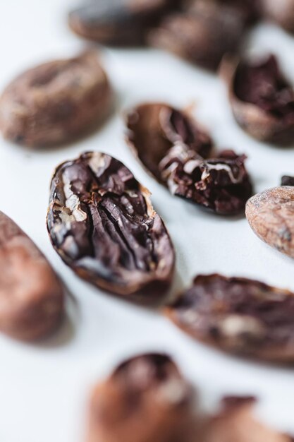 Closeup cocoa roasted beans Shallow dof