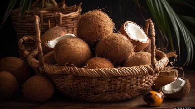 Closeup Coconuts fruits in a bamboo basket with blurred background