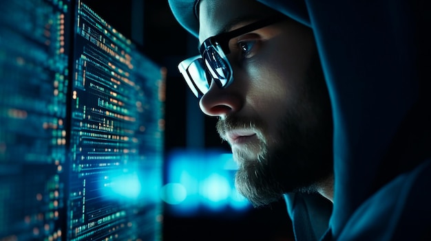 closeup of coder in goggles with reflection of monitor with code working on computer developing software testing security system focused on screen with programming language generative ai illustrator