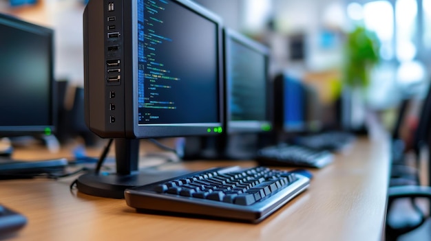 closeup of a coding workstation with desktop computer displaying programming code emphasizing technology in a professional office environment