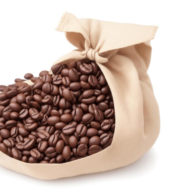 Closeup of cofee beans in sack over white background