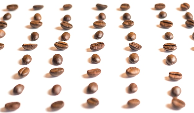 Photo closeup coffee beans copy space, white back ground