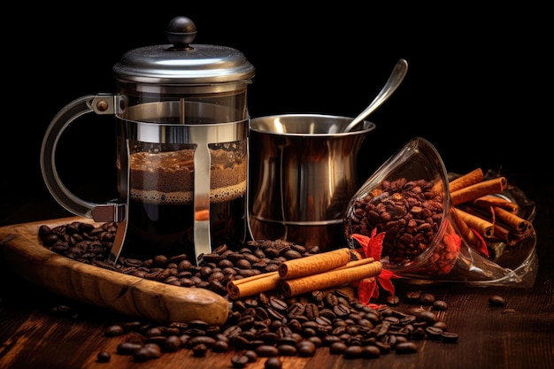 Closeup of coffee beans and french press