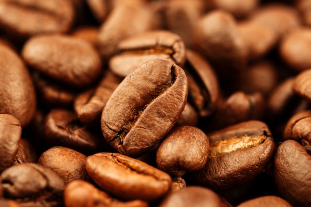 Closeup of coffee beans with selective focus for background