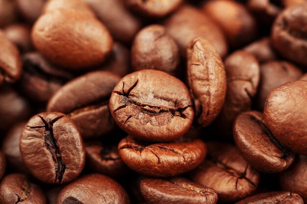 Closeup of coffee beans with selective focus for background