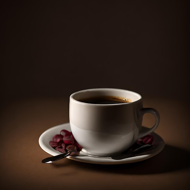 Closeup Coffee Cup and Coffee Bean on Wooden Table